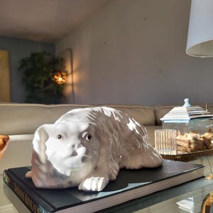 Large King Charles Spaniel Ceramic Figurine | Vintage All White Glazed Spaniel Dog Statue