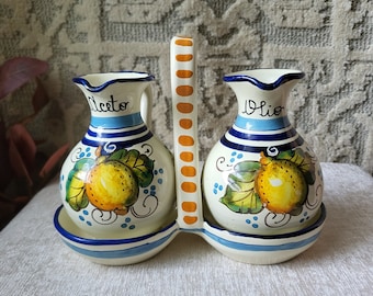 Hand Painted Italian Olive Oil and Vinegar Cruet Set