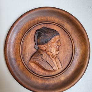 Vintage Hand-Carved Wooden Wall Plate | Old Man Portrait | Folk Art Nouveau