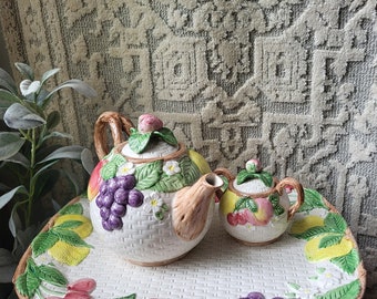 Fitz and Floyd Teapot Sugar Bowl and Trey Set| Colorful Floral and Fruits