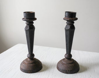 Pair Of Heavy Vintage Cast Iron Candlestands