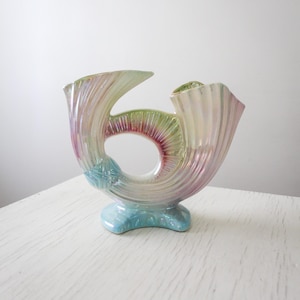 Large Vintage Iridescent Ceramic Double Horn Lustreware Vase With Blue Base