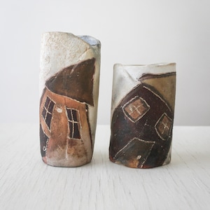Pair of Vintage Studio Pottery Cylinder Vases with Rustic Cottage Motif