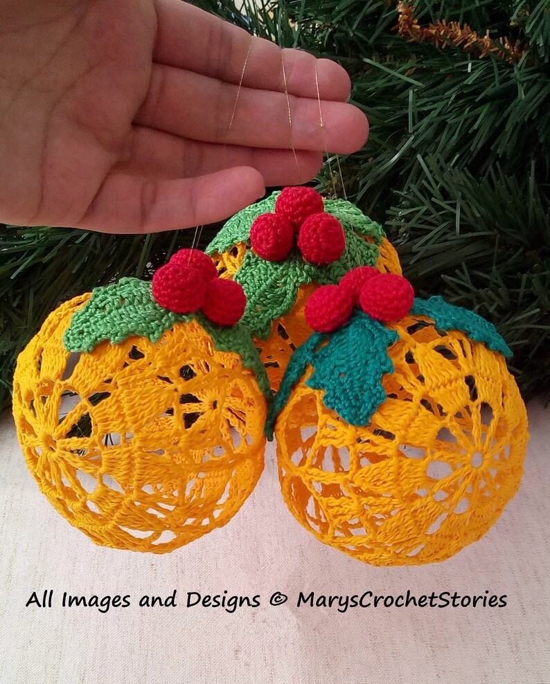 Crochet Pattern Christmas Snowball Holly Sprig With Berries Ornament