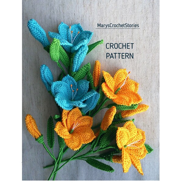 Lily crochet Pattern photo tutorial lilies for Accessories Brooches Jewelry Wedding bouquet Decor Handmade Flower Lily branch