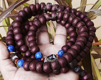 Antique Bodhi Seed Mala With DZi and Lapis Lazuli Counter Beads, Natural 108 Phoenix Eye Bodhi Seeds Mala, Tibetan Mala, Buddhist Necklace