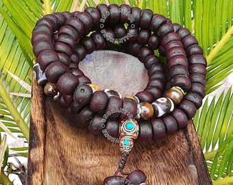 Natural 108 Phoenix Eye Bodhi Seeds Mala, Antique Bodhi Seed Mala With Tiger Eye and DZi Counter Beads, Tibetan Mala, Buddhist Necklace