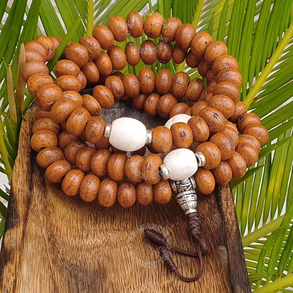 Natural 108 Phoenix Eye Bodhi Seeds Mala With Naga Conch Shell Counter Beads, Antique Bodhi Seed Mala, Tibetan Mala, Yoga Mala