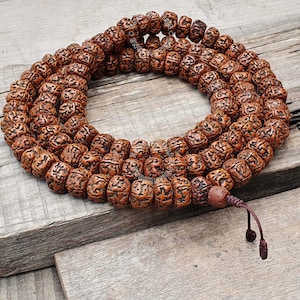 Nepal 108 alte geölte Rudraksh Bodhi Gebetsperlen - Große 18 mm große Perlen, Schutz-Halskette, Rudraksha Mala, Hindu-Gebetskette