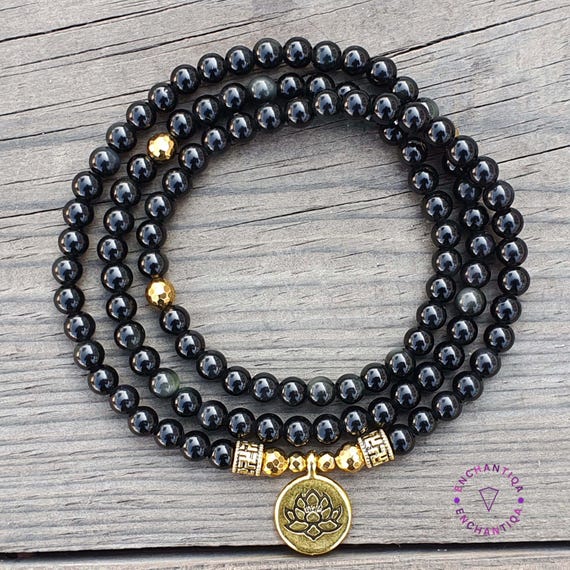 Collana Mala Con Semi Di Loto E Agata Blu - 108 Perle, Bracciale Regolabile, Regalo Yoga - Foto 2