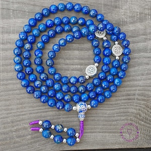 Lapis Lazuli Mala Necklace: Om Charm, Third Eye Chakra, Buddhist Prayer Beads