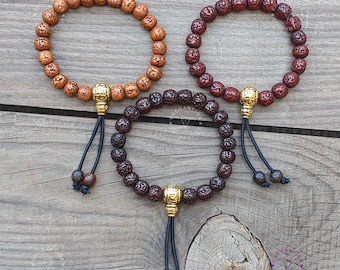 Drei Stück Rudraksha 5 Gesichter Handgelenk Mala Armband Stack, Tibetische Mala, Om Mani Padme Hum Guru Perle Rudraksha Mitgefühl Handgelenk Mala Armband