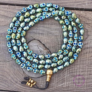 Hematite Kali Skull Mala, Skull Buddhist Mala, -Goddess Kali Nar Mund Mala Rosary, Tibetan Hand Carved Buddhist Necklace, Yoga, Prayer