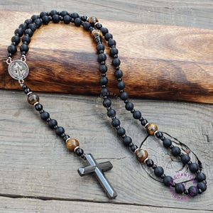Rosary Cross Pendant Necklace. Rosary Necklace. Necklace for Men Women. Hematite Crucifix. Onyx Obsidian. Catholic Christian Religious.