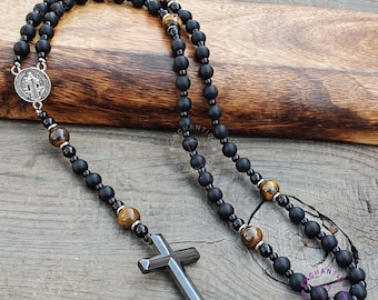 Rosario Da Uomo In Pietra Lavica Nera E Occhio Di Tigre – Con Medaglia E Crocifisso, Ipoallergenico In Confezione Regalo
