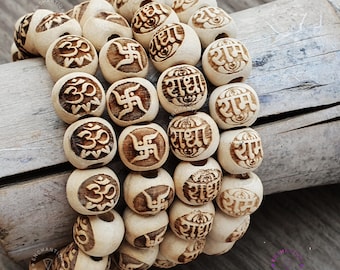 Tulsi bead bracelet, Radha, Ram, Aum, Swastik, Om Carved Bracelet 12mm Wood Bead bracelet, Tulsi Wrist Mala Bracelet, Tulasi bracelet Basil