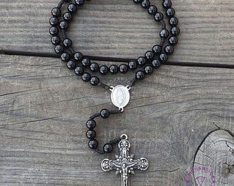 Black Obsidian Rosary, Natural Stone, Black Beads Rosary, Catholic Rosary Beads, Miraculous Medal Rosary, Confirmation Gift, Catholic Gift