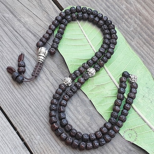 Tibetan 108 Old Oiled Black Rudraksha Bodhi Prayer Beads, 108 Rudraksha Seed Protection Mala, Tibetan Style Mantra Mala, Buddhist Japa Mala