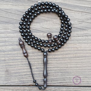 99 Black Onyx Islamic Prayer Beads with Ebony Wood Markers | Handcrafted Tasbih for Dhikr & Meditation | Protective Allah Beads