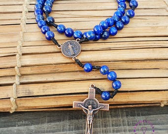 AAA Lapis Lazuli Gemstone Rosary Beads, Lapis Lazuli Catholic Rosary Beads, Lapis Lazuli Prayer Beads - Copper St. Benedict Medals Rosary