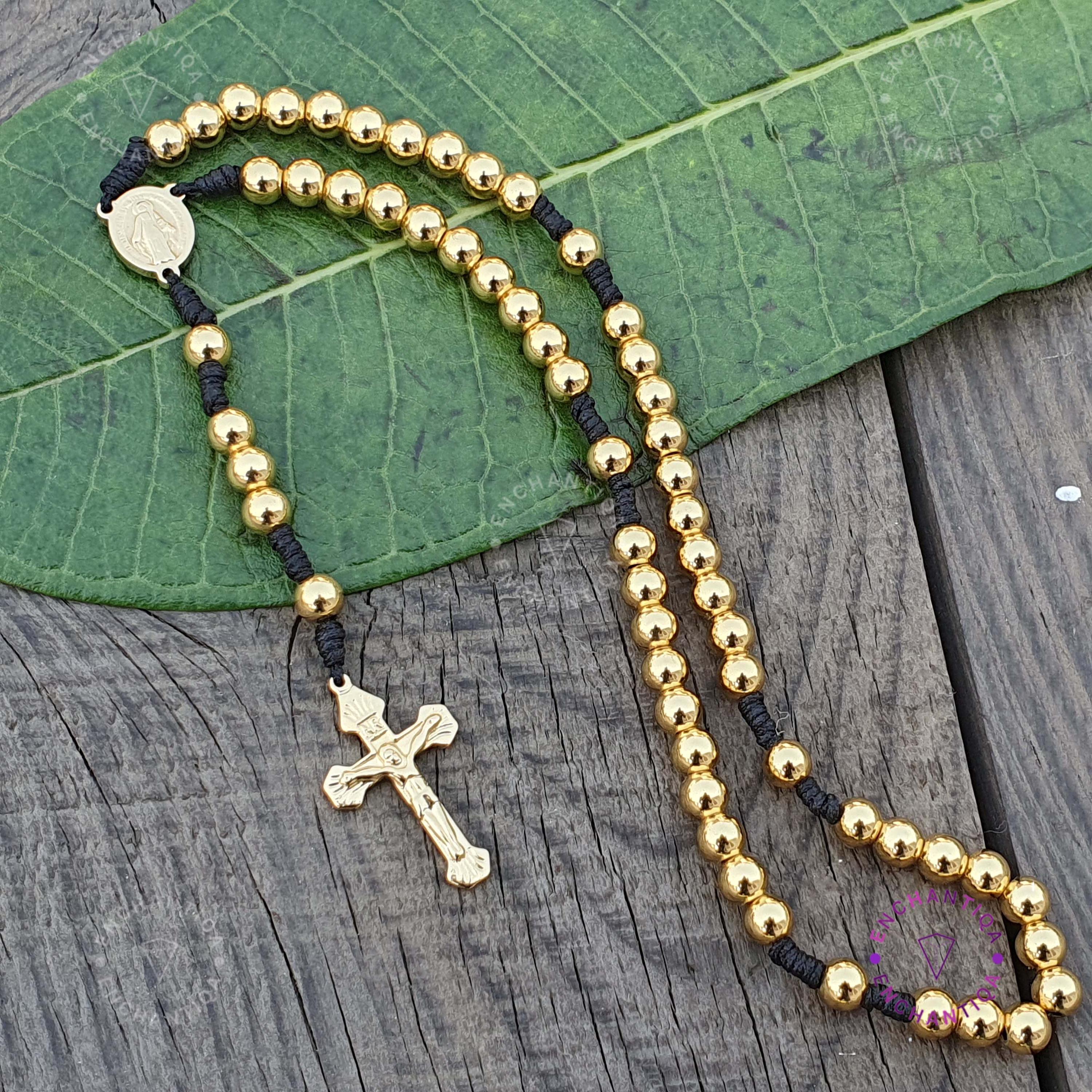 18Kゴールドロザリオネックレス：ステンレススチール製カトリック数珠