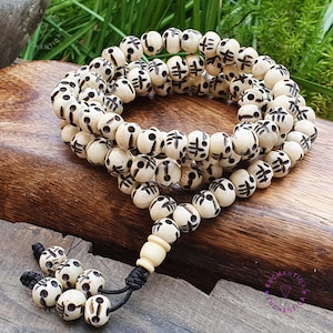 108 Beige Mala Skull Prayer Beads, Yak Bone Skull Japa Mala, Bone and Skull Impermanence Mala Long Necklace, 108 Kali mala, Buddhist Skulls