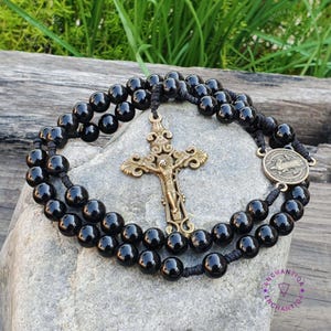 Catholic Rosary, Genuine Black Onyx Rosary, Black Onyx Beads Rosary, St. Benedict Medals Rosary, Brass Pendant, Black Prayer Beads