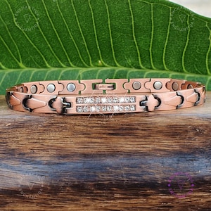 Copper Magnetic Bracelet with Cubic Zirconia for Women – Pure Copper Healing Link Bracelet with Strong Magnets for Pain Relief, Arthritis