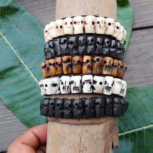 Tibetan Hand Carved Skull Beads  STRETCH Bracelet, Buddhist Yak Bone Skulls Bracelet  Bone  -Skull Beads Bracelet, Meditation Bracelet
