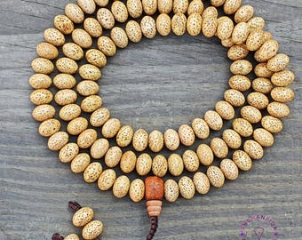 Mala de semillas de loto: 108 cuentas de oración con estrellas y luna, semillas de bodhi envejecidas ovaladas