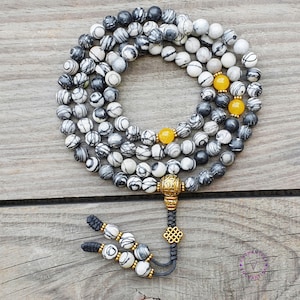 Pulsera de piedra de jaspe Picasso gris. Pulsera de oración Mala de 108 cuentas, pulsera de piedras preciosas naturales, pulsera para aliviar la ansiedad y el estrés, paz interior