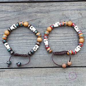 Skull Bone & Inlaid Carved Wood Bead  Mala Bracelet, Handmade Adjustable Tibetan Skull Buddhist Bracelet, Skull Bead Natural Wood Wrist Mala