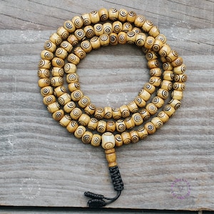 108 Buddha Eye Mala Prayer Beads Engraved Yak Bone Beads Buddhist Traditional Mala, Tibetan Rosary Necklace, Evil Eye Meditation Mala Rosary