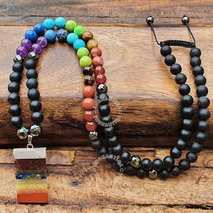 Natural Healing 7 Chakra Pendant Necklace Natural Black Onyx Beads Hematite Beaded Protection Necklace, Healing Necklace, Unisex Necklace