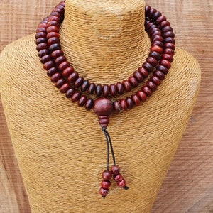 Red Sandalwood Mala Necklace: 108 Rondelle Beads, Meditation Necklace