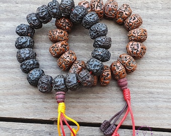 Rudraksha 5 Faces Große Perlen Handgelenk Mala Armbänder, Tibetisch Nepal Schwarz Braun Alt Geölt Rudraksh Bodhi Gebetskette, Rudraksha Armband