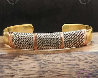 Handmade Three Metals Cuff Bracelet: Brass, Copper & Pewter - Nepal Boho Jewelry