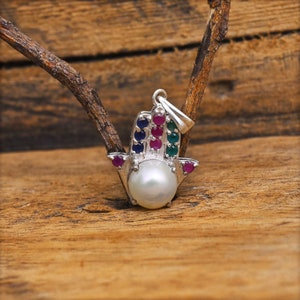 Sterling Silver Hamsa Pendant: Pearl, Sapphire, Ruby, and Emerald