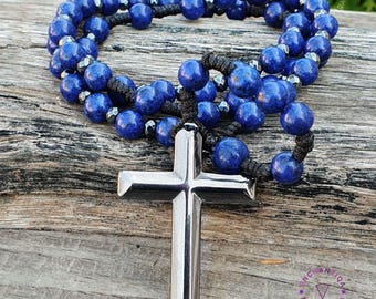 High Quality Natural Lapis Lazuli Rosary Necklace - Hematite Stone Cross Pendant Necklace Protection Necklace Amulet Gift, Hematite Necklace