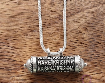 Hare Krishna Kavacha, Hare Krishna Mahamantra, Sterling Silver Prayer Box Pendant Necklace, Antique 925 Silver Kavach Taweez India Amulet