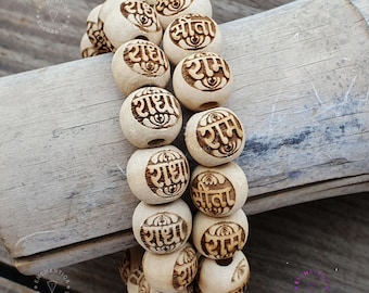 Tulsi bead bracelet, Radha, Sita Ram Carved Bracelet 14mm Beads, Wood Bead bracelet, Natural Tulsi, Tulasi bracelet, Hare Krishna Iskcon