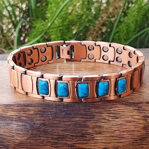 Handmade Copper Magnetic Bracelet: Turquoise Inlay, Unisex Design
