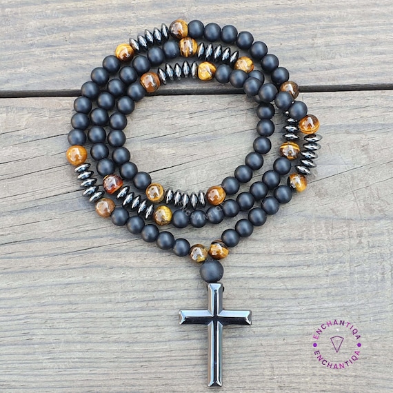 Collana Rosario San Benedetto JOVIVI - Pietre Naturali (Agata, Occhio Di Tigre, Ematite), Croce 42mm