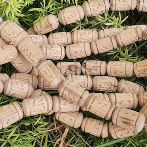 Natural Tulsi (Tulasi) With Radha Inscribed in Devanagri Script Barrel Shape Beads, 6.0-6.5mm, Holy Tulsi Basil, Loose Tulsi Mala Beads