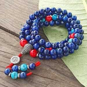 Lapis Lazuli Om Hindu Buddhist Prayer Beads, Beaded Mala, Natural Lapis Lazuli, Blue Stone Mala, , Meditation Necklace, Lapis Mantra Mala