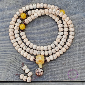 Tibetan Buddhist Lootus Bodhi Seed 108 Prayer Beads Bracelet • Stars & Moon Bodhi Seed Mala • Lotus Carved White Bodhi bead