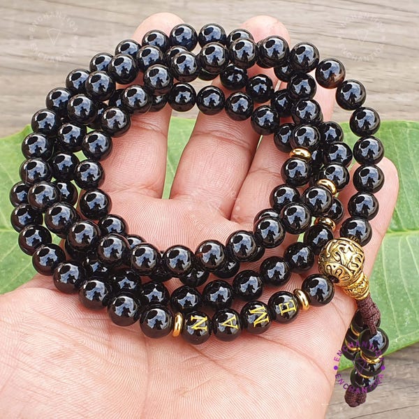 Gepersonaliseerde mala-kralen, aangepaste naam, 108 mala, zwarte onyx-beschermingsketting, japa mala, gebedskralen, gepersonaliseerde mala-armband, cadeaus