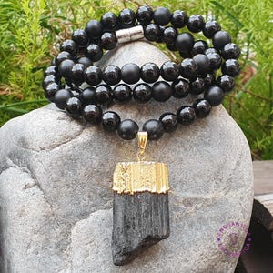 Pingente de turmalina bruta, colar com pedra preciosa de obsidiana negra e ônix natural, colar de proteção preto, gargantilha de proteção unissex