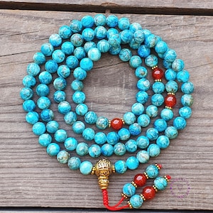 South African Turquoise Mala Beads: Red Jade Buddhist Prayer Necklace