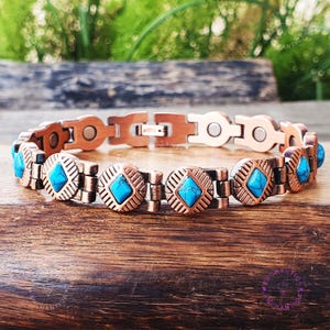 Copper Magnetic Bracelet for Women, Turquoise Jewelry with 3500 Gauss Magnet, Blue Natural Turquoise Pure Copper Magnetic Therapy Bracelet